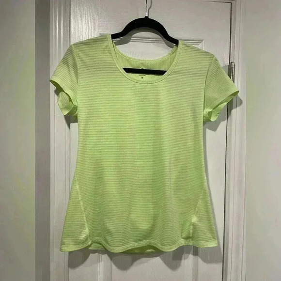 Athleta Neon Striped Round Neck Short Sleeve Pullover Activewear Top Size Medium - Picture 1 of 10